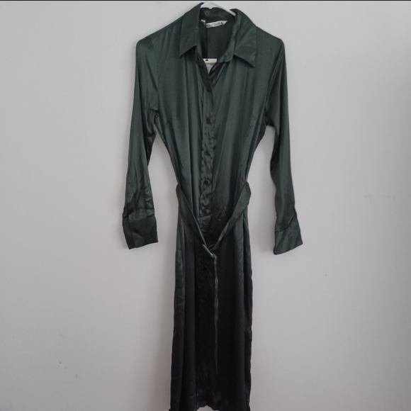 Zara Satin Effect Hunter Green Long Sleeve Belted Collared Midi Dress | sz M - Picture 8 of 15